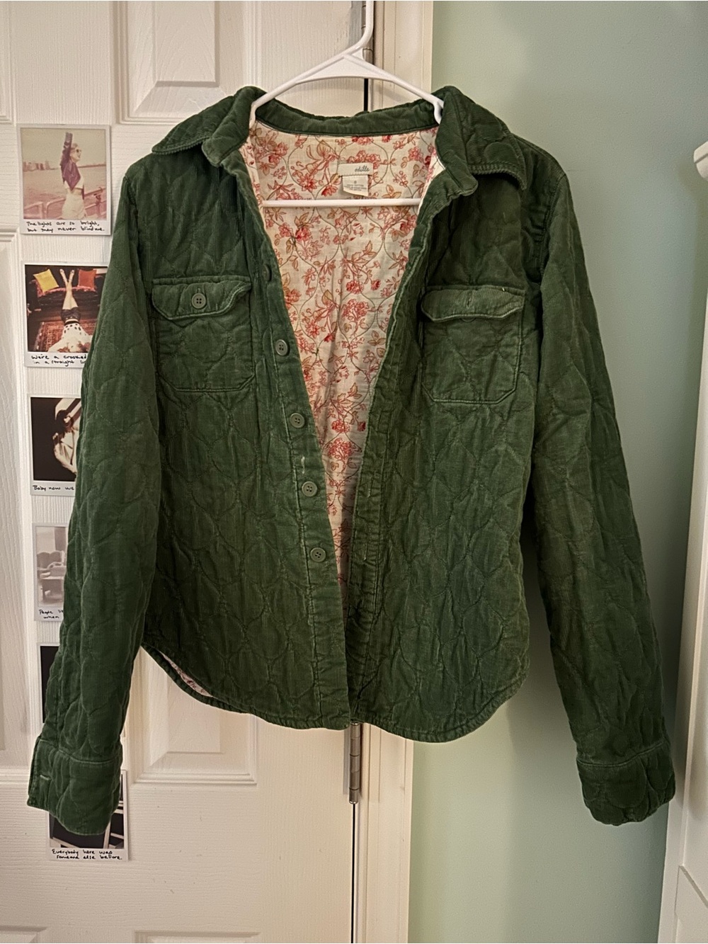 Anthropologie Odille Green Quilted Jacket with Coral Floral Lining